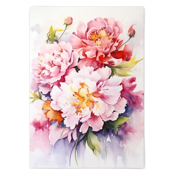 Watercolor Peonies Wall Art Illustration Print Poster Unframed - Picture 2 of 5
